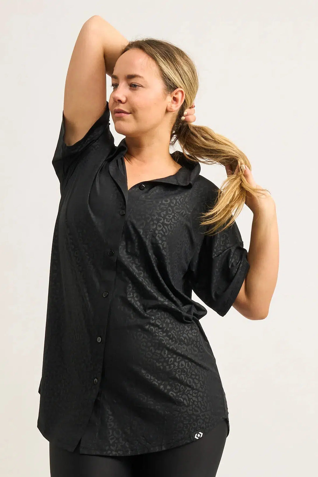 Black Exotic Touch Jag Slinky Silky - Button Up Boyfriend Tee-9358328342052-Activewear-Exoticathletica