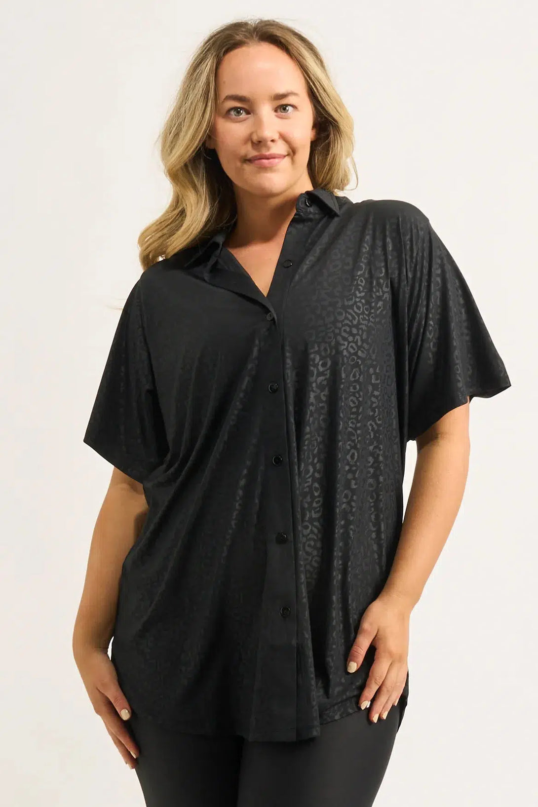 Black Exotic Touch Jag Slinky Silky - Button Up Boyfriend Tee-Activewear-Exoticathletica