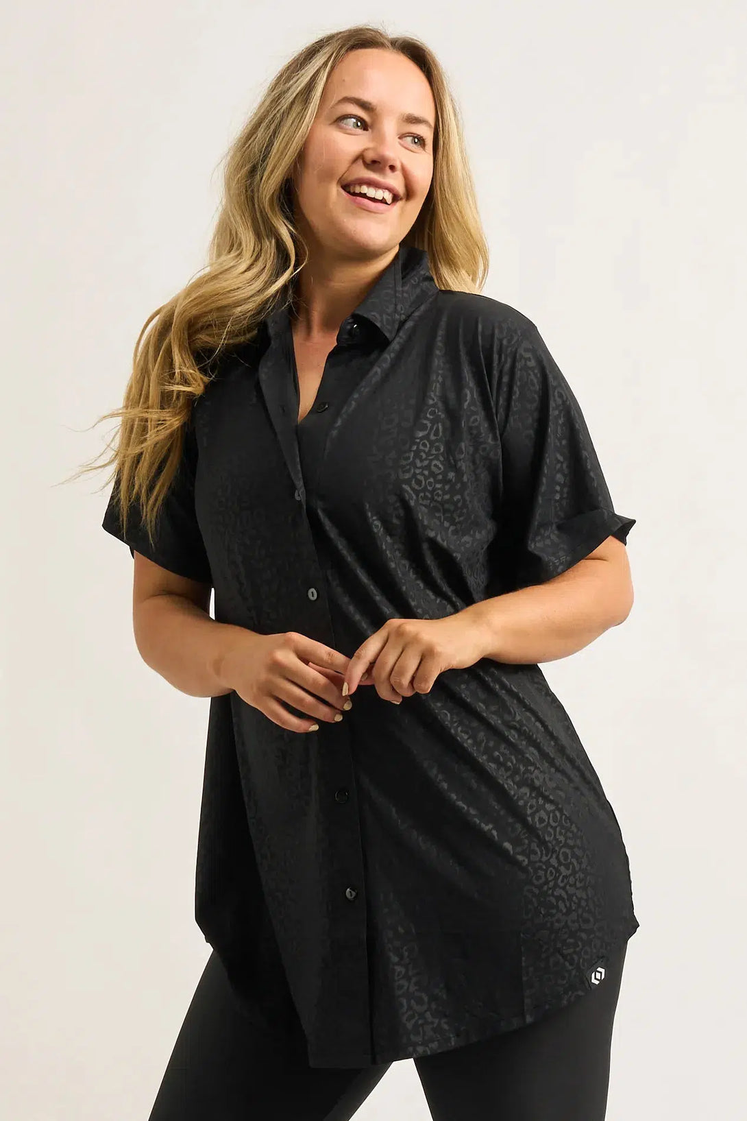 Black Exotic Touch Jag Slinky Silky - Button Up Boyfriend Tee-Activewear-Exoticathletica