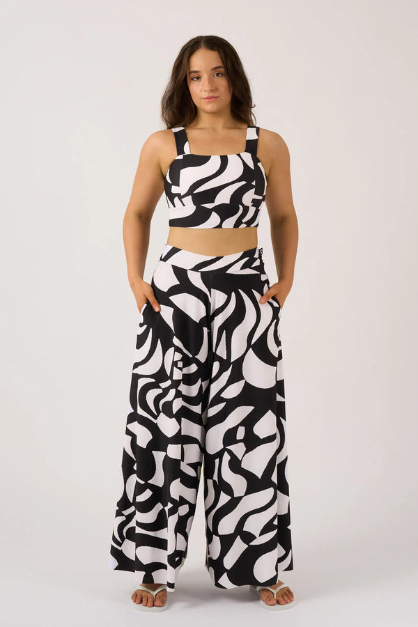 Black Geo Waves Silky - Palazzo Pant With Pocket-9358328379096-Activewear-Exoticathletica