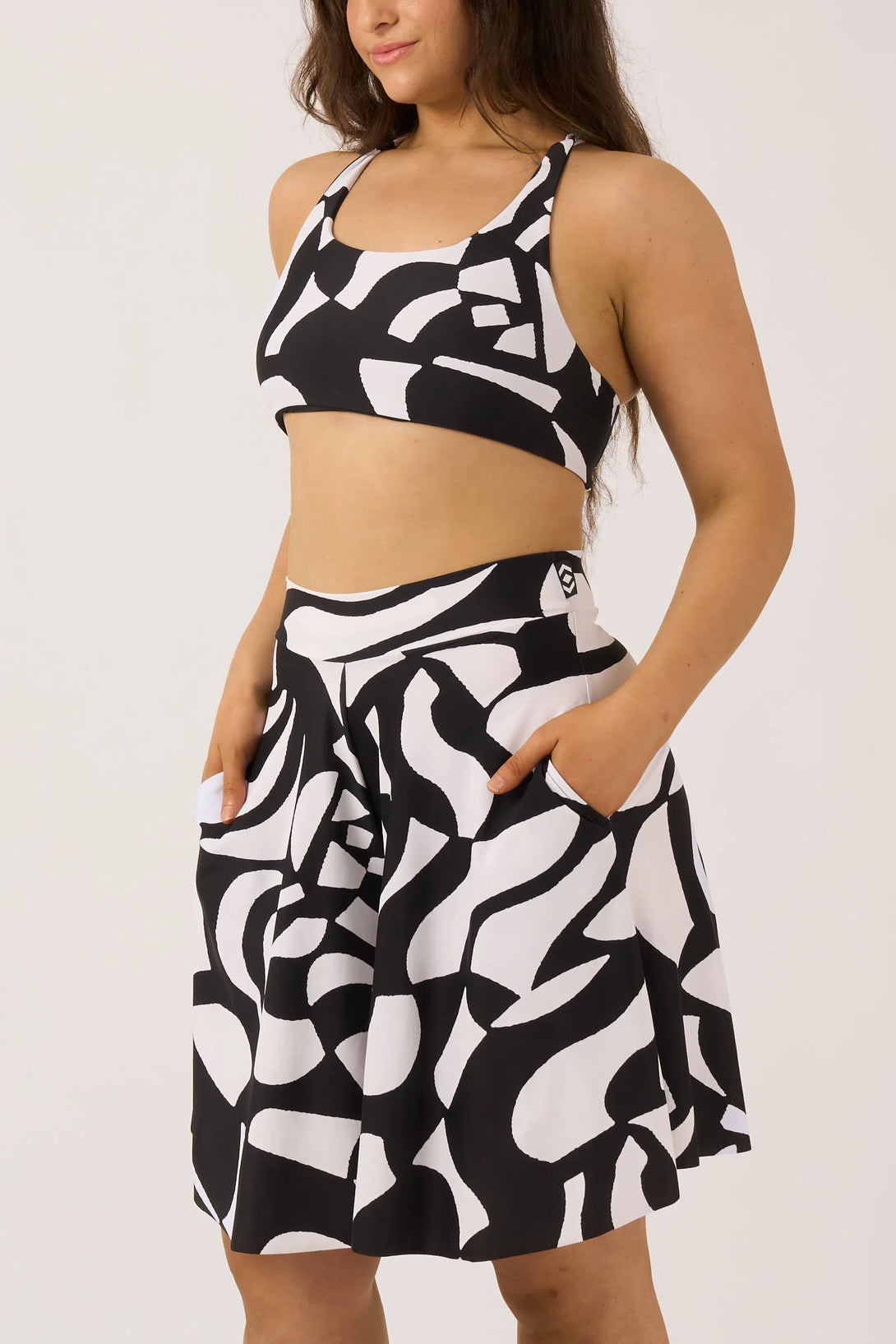 Black Geo Waves Silky - Palazzo Short With Pocket-9358328379898-Activewear-Exoticathletica