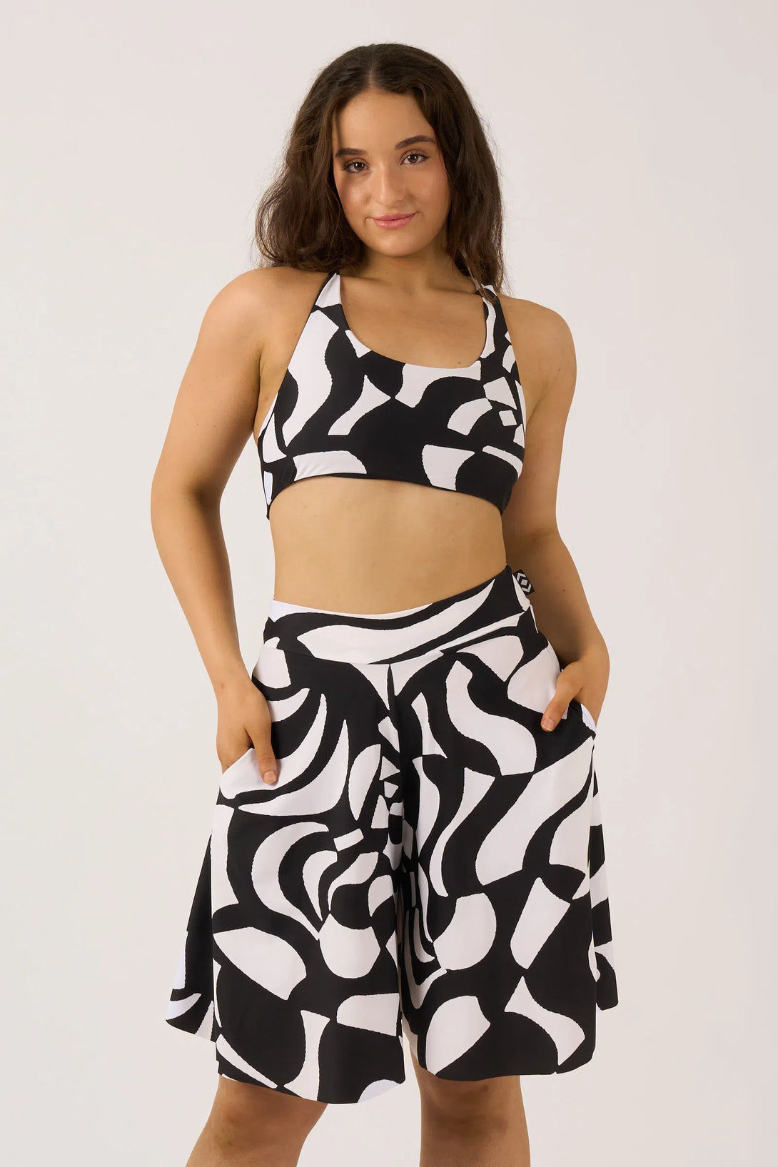 Black Geo Waves Silky - Palazzo Short With Pocket-Activewear-Exoticathletica