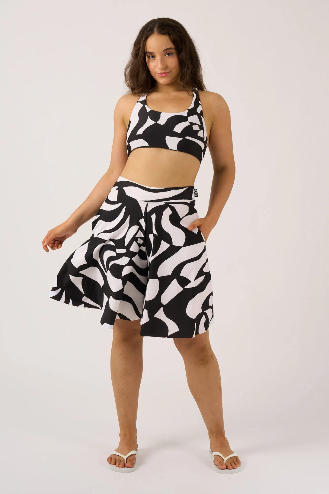 Black Geo Waves Silky - Palazzo Short With Pocket-Activewear-Exoticathletica