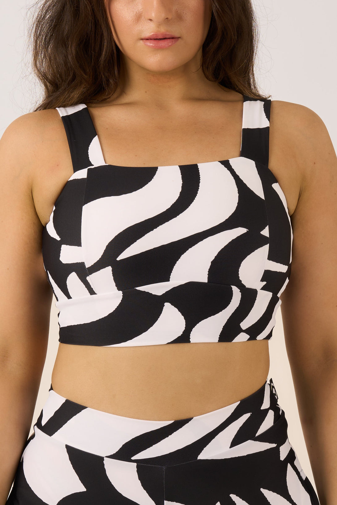 Black Geo Waves Silky - Square Neck Comfort Crop Top-Activewear-Exoticathletica