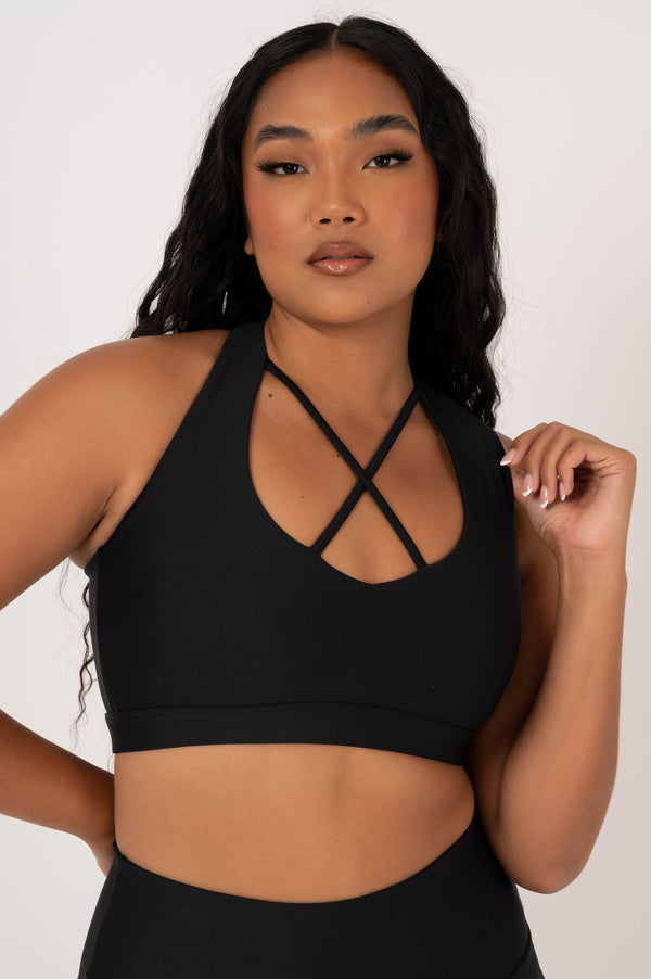 Black Performance - Deep V Cross Front Crop-Activewear-Exoticathletica