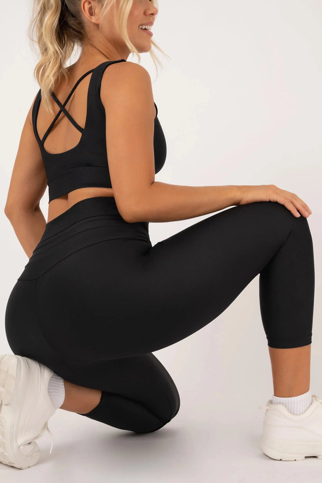 Black Performance Drawstring High Waisted Capri Leggings