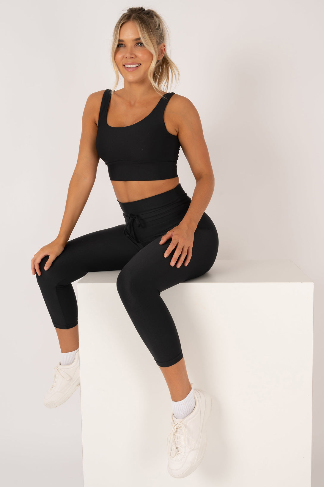 Black Performance - Drawstring High Waisted Capri Leggings-Activewear-Exoticathletica