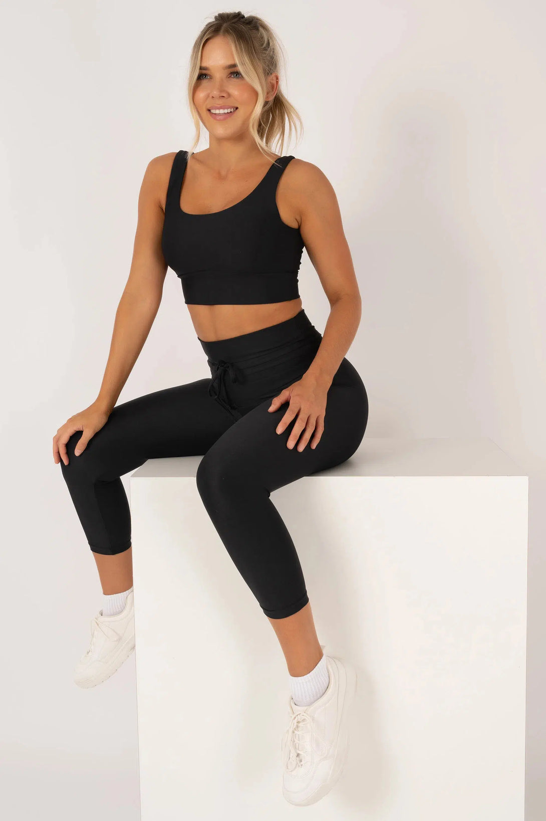 Black Performance - Drawstring High Waisted Capri Leggings-Activewear-Exoticathletica