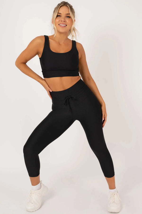 Black Performance - Drawstring High Waisted Capri Leggings-Activewear-Exoticathletica