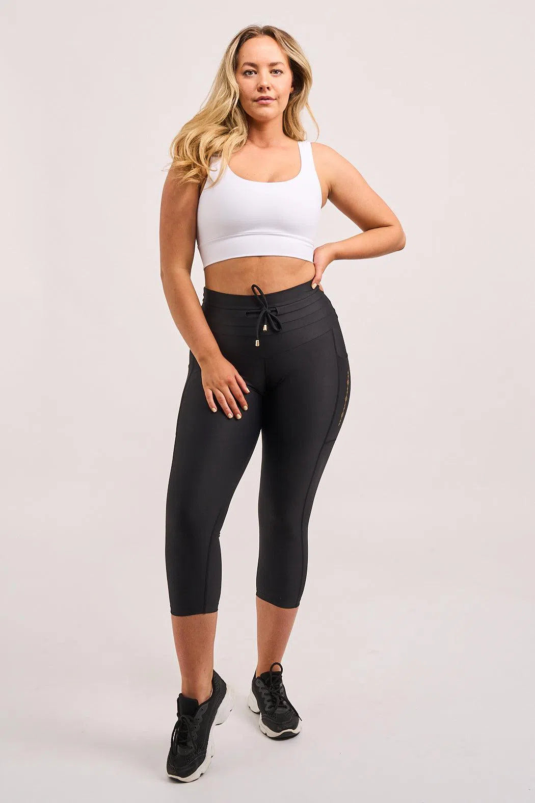 Black Performance - Luxe Panel Pocket Drawstring Capri Leggings-Activewear-Exoticathletica