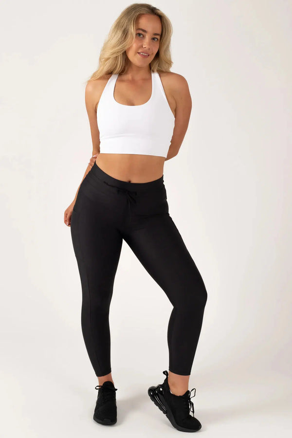 Black Performance - Panel Pocket Drawstring High Waisted 7/8 Leggings-Activewear-Exoticathletica