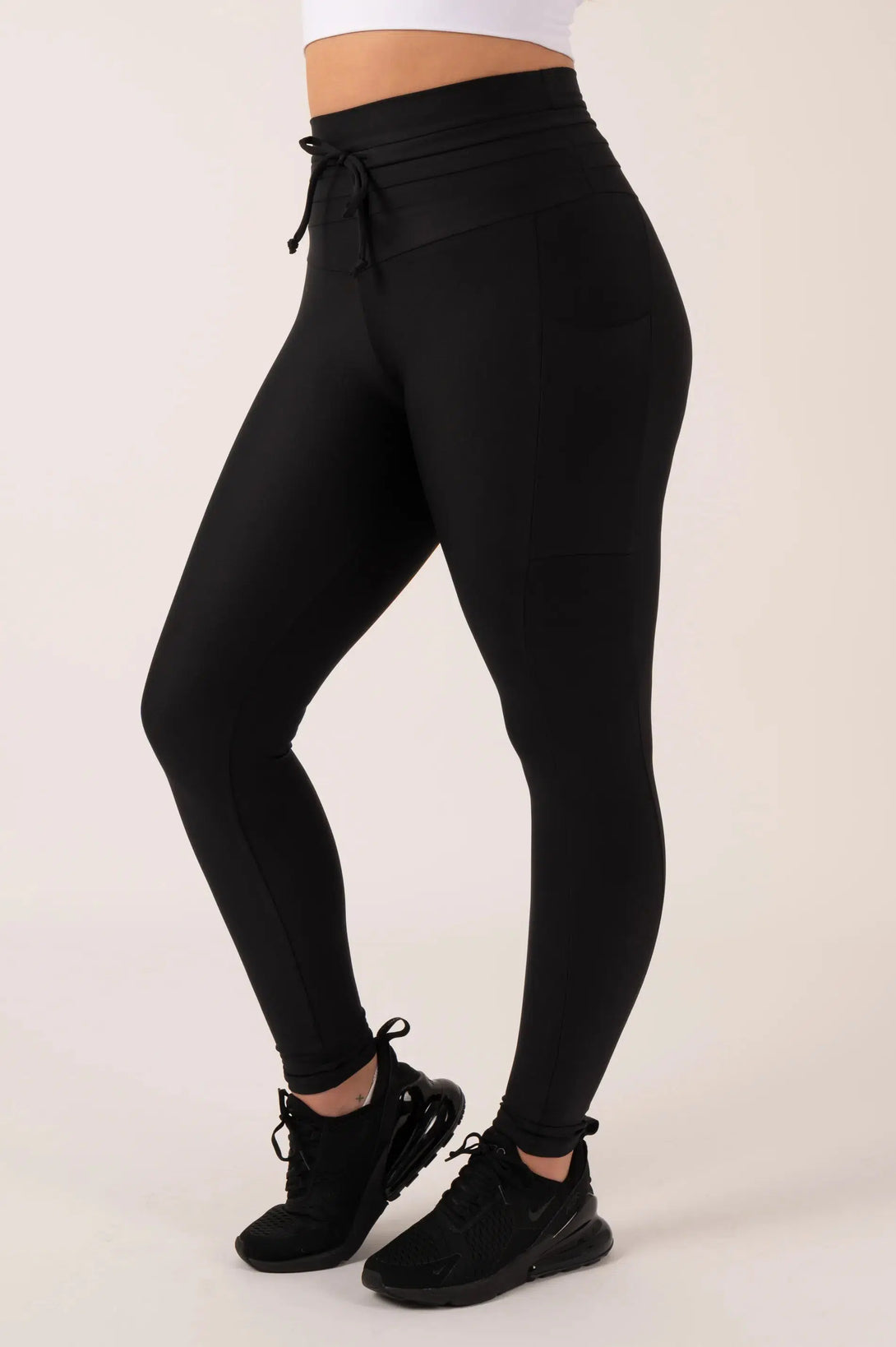 Black Performance - Panel Pocket Drawstring High Waisted Leggings-Activewear-Exoticathletica