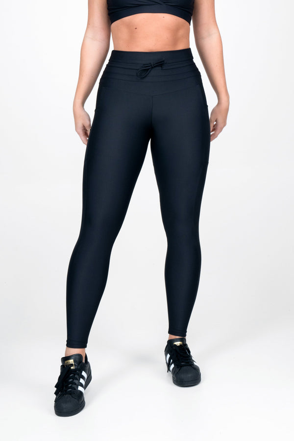 Black Performance - Panel Pocket Drawstring High Waisted Leggings-Activewear-Exoticathletica
