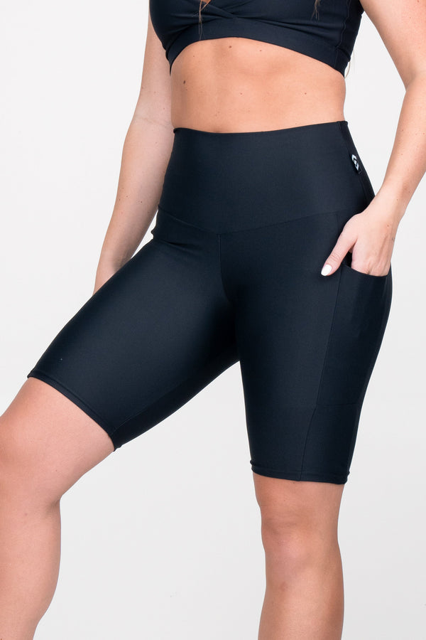 Black Performance - Panel Pocket High Waisted Long Shorts-Activewear-Exoticathletica