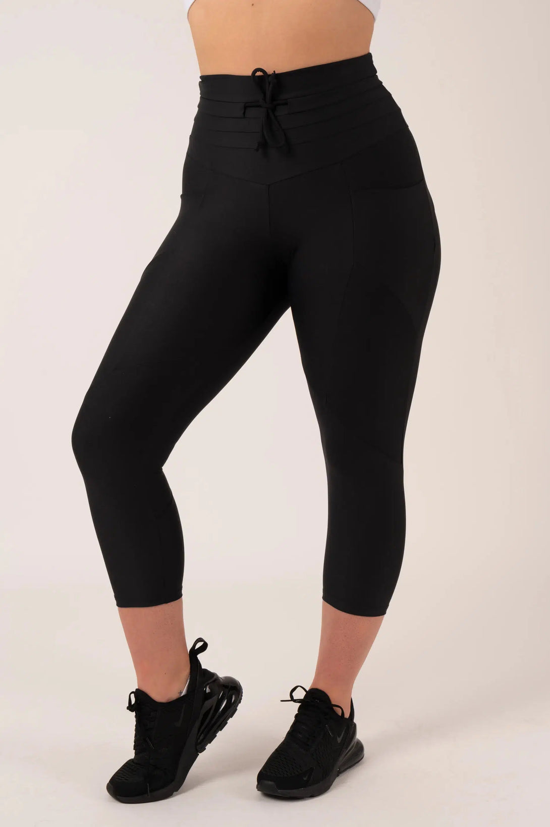 Black Performance - Pocket Booty Shaper Drawstring Capri Leggings-Activewear-Exoticathletica