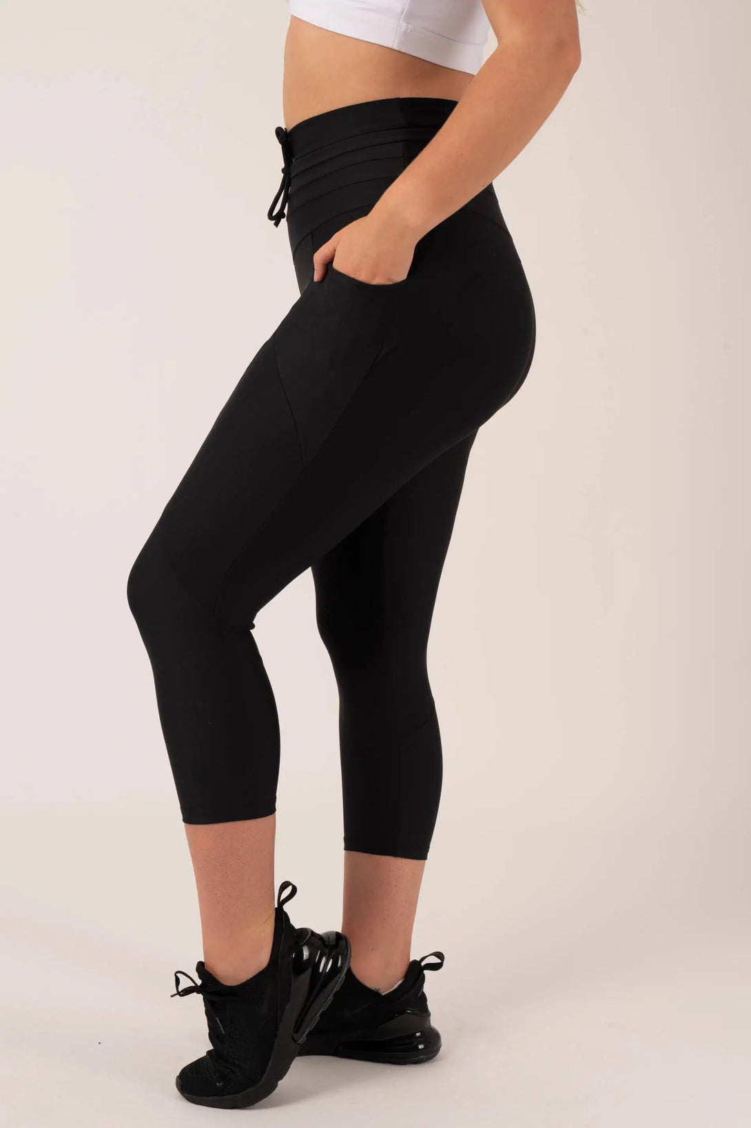 Black Performance - Pocket Booty Shaper Drawstring Capri Leggings-Activewear-Exoticathletica