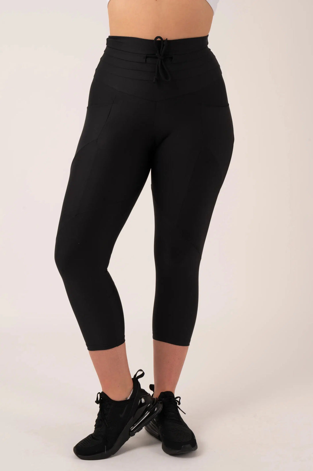 Black Performance - Pocket Booty Shaper Drawstring Capri Leggings-Activewear-Exoticathletica