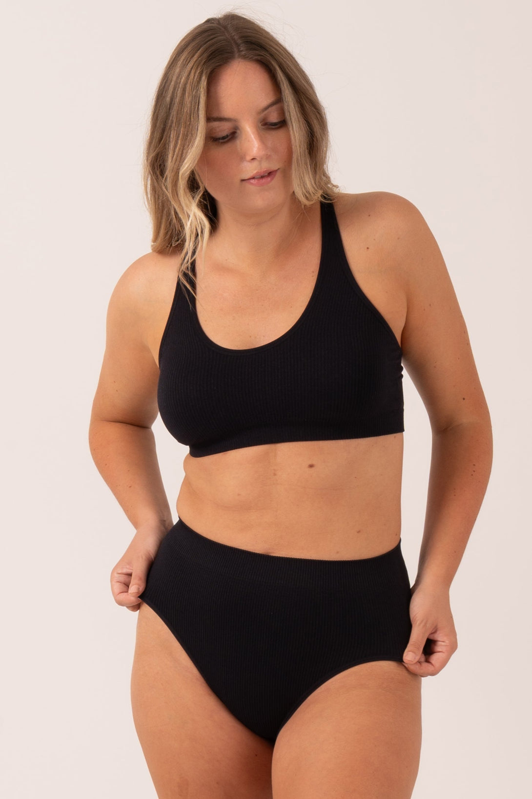 Black Rib Seam Free - High Waist, High Leg Bikini Briefs-9358328299646-Activewear-Exoticathletica