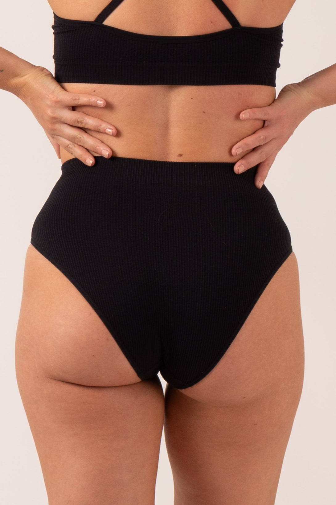 Black Rib Seam Free - High Waist, High Leg Bikini Briefs-Activewear-Exoticathletica