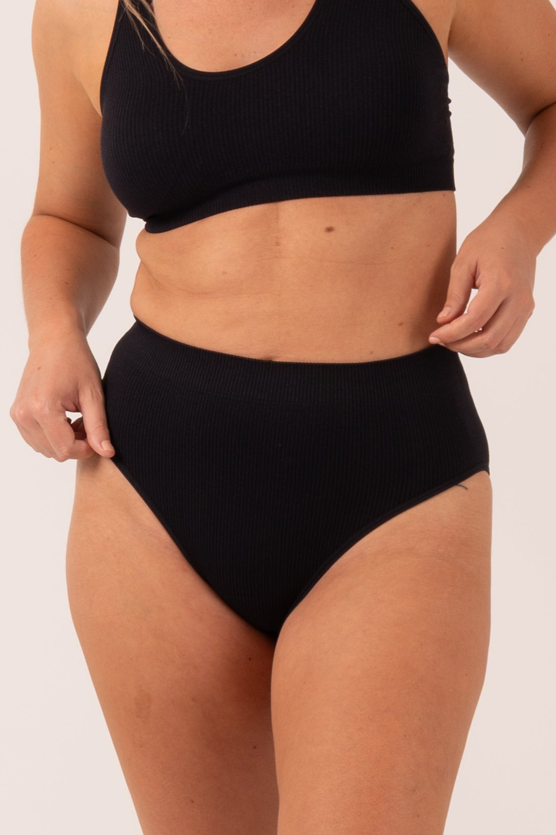 Black Rib Seam Free - High Waist, High Leg Bikini Briefs-Activewear-Exoticathletica