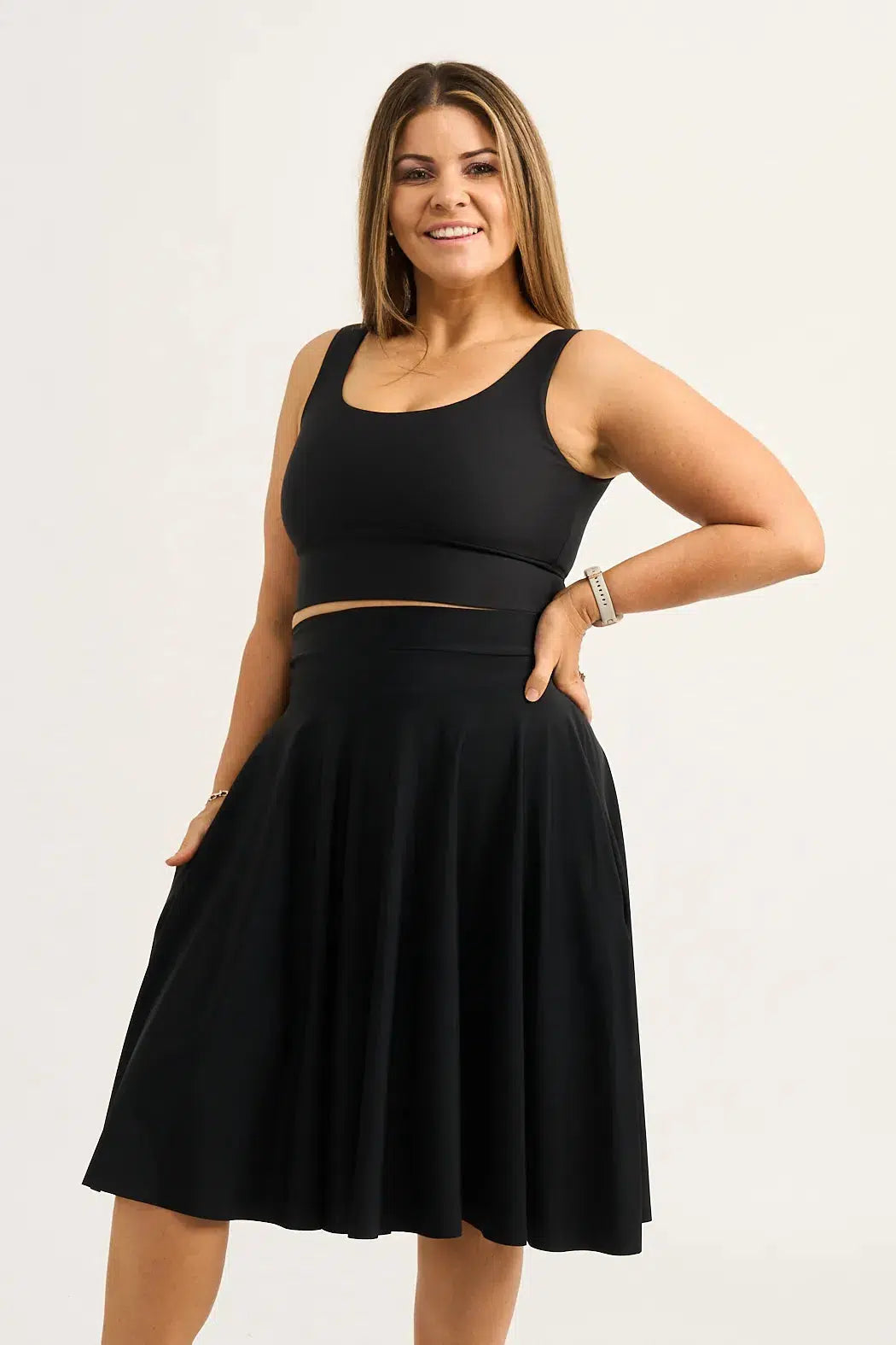 Black Silky - Narrow Waisted Midi Skater Skirt W/ Pockets-9358328326564-Activewear-Exoticathletica