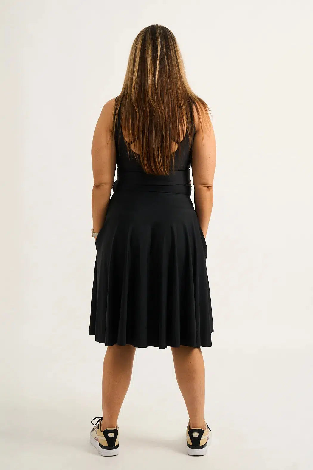 Black Silky - Narrow Waisted Midi Skater Skirt W/ Pockets-Activewear-Exoticathletica