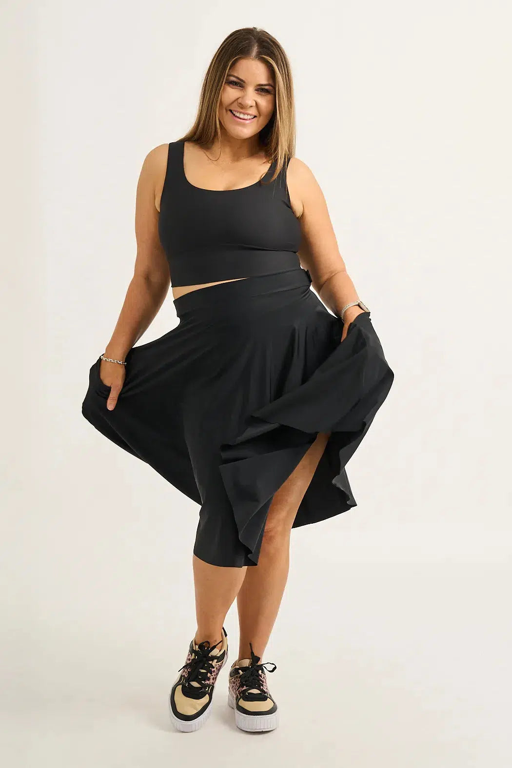 Black Silky - Narrow Waisted Midi Skater Skirt W/ Pockets-Activewear-Exoticathletica