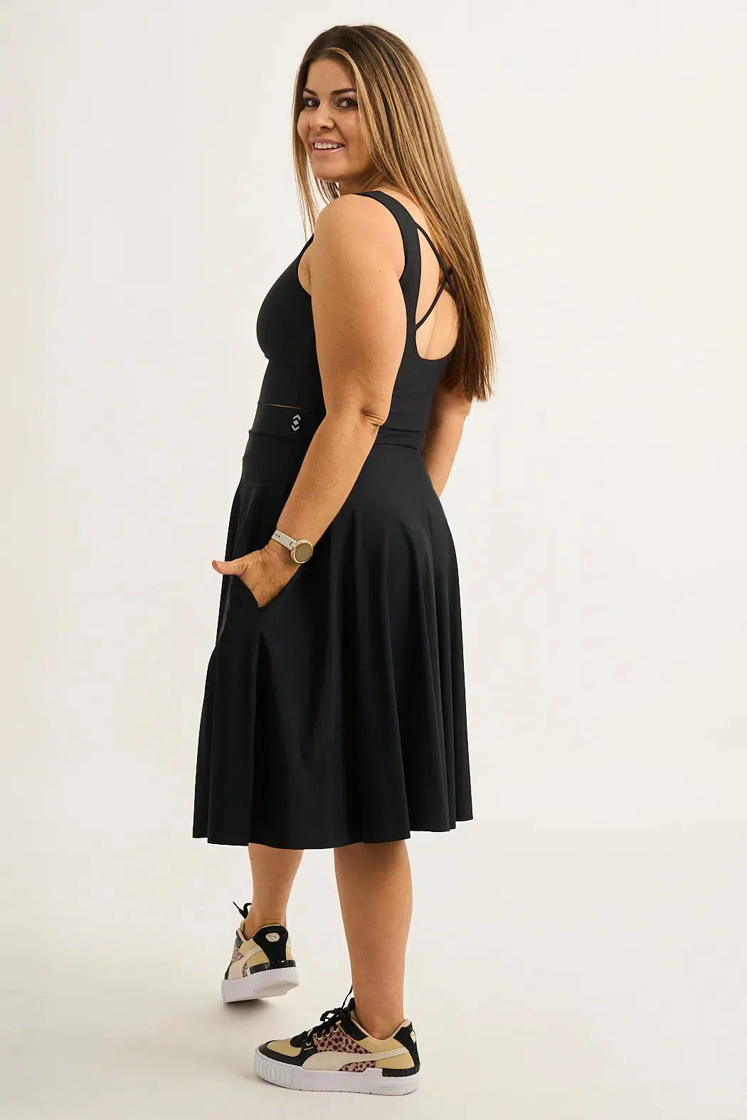 Black Silky - Narrow Waisted Midi Skater Skirt W/ Pockets-Activewear-Exoticathletica