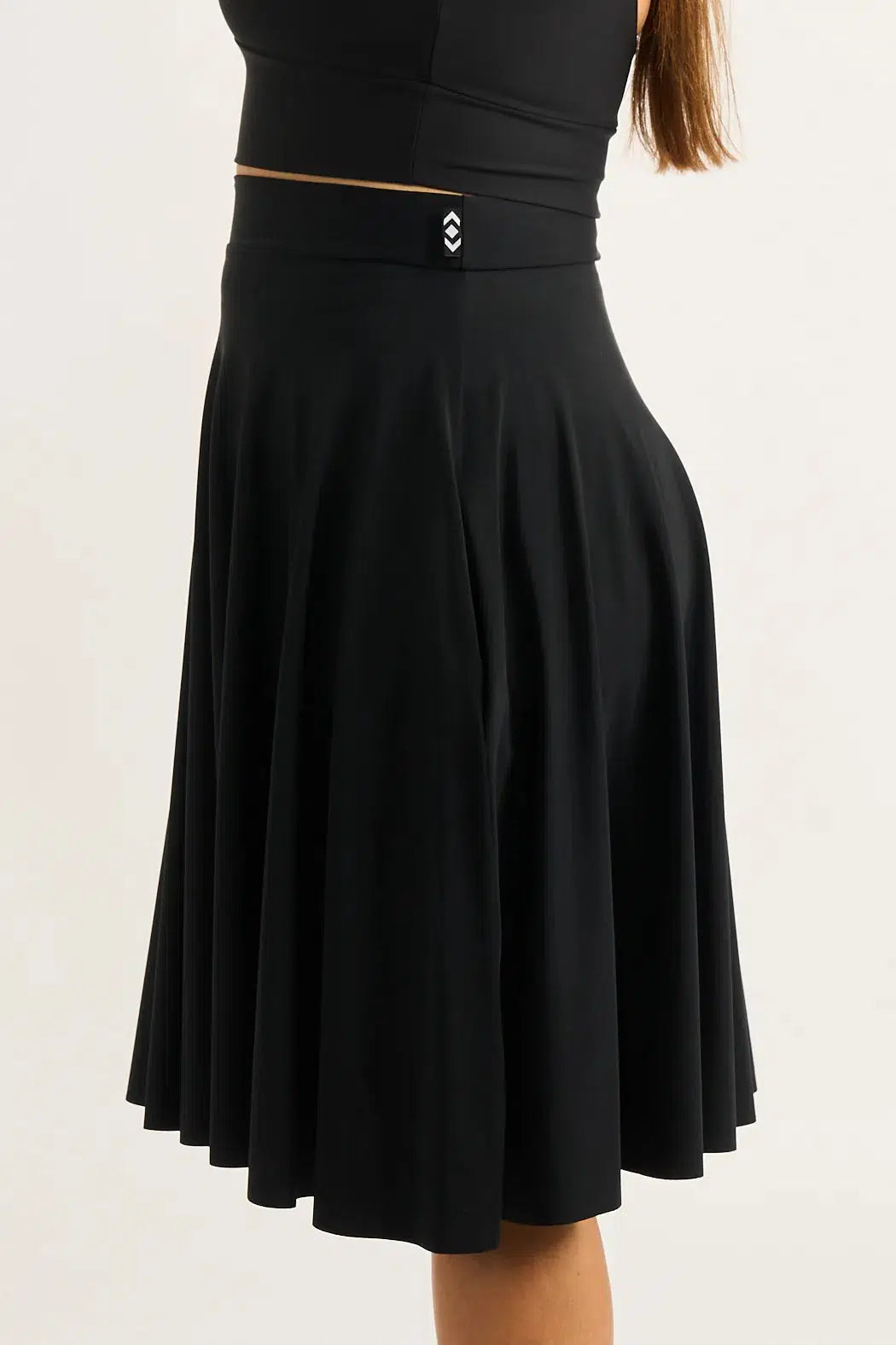 Black Silky - Narrow Waisted Midi Skater Skirt W/ Pockets-Activewear-Exoticathletica