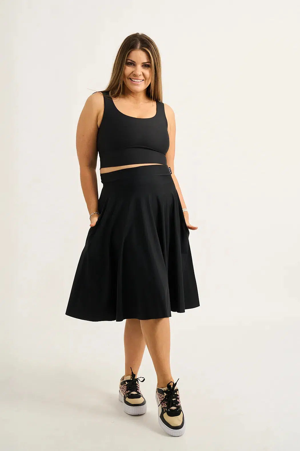 Black Silky - Narrow Waisted Midi Skater Skirt W/ Pockets-Activewear-Exoticathletica