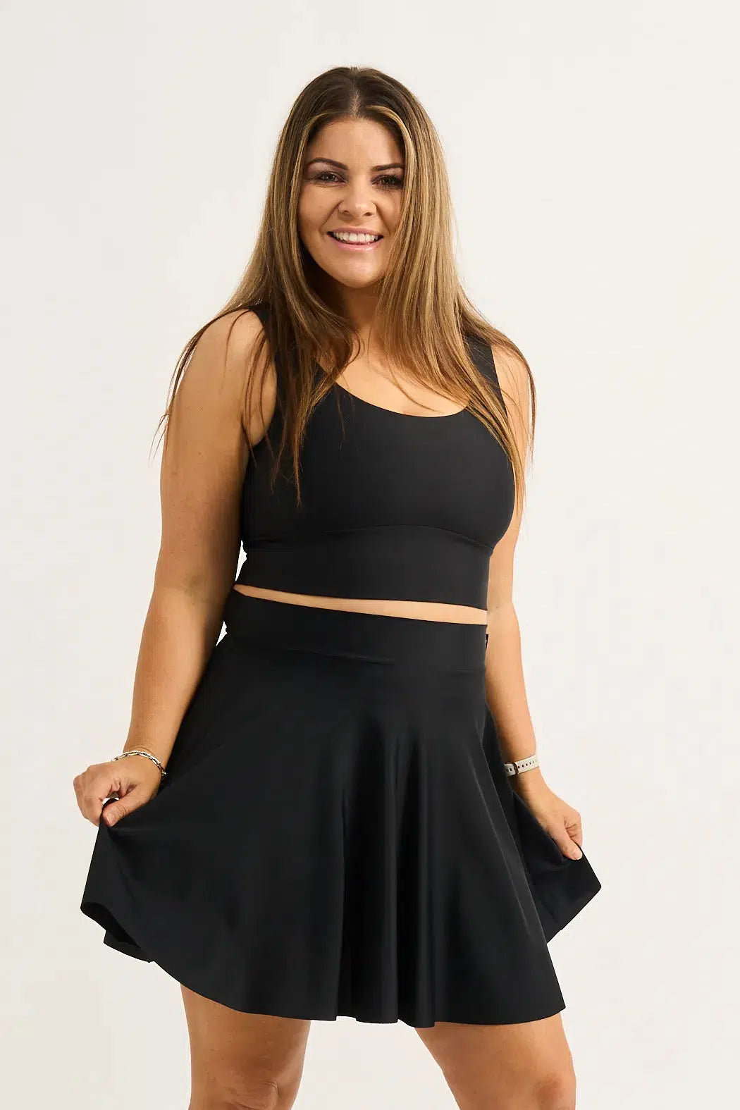 Black Silky - Narrow Waisted Mini Skater Skirt-Activewear-Exoticathletica