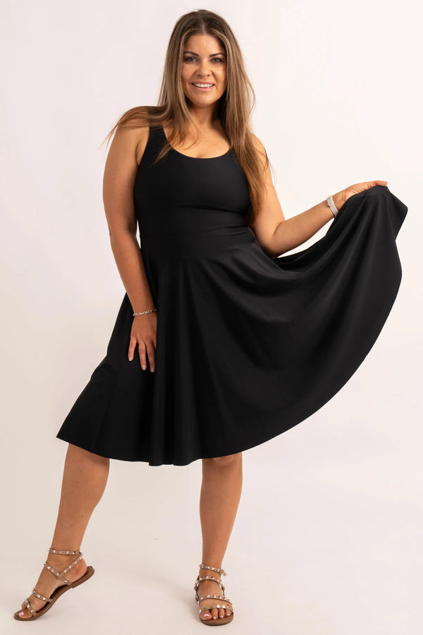 Black Silky - Scoop Neck Comfort Crop Midi Dress W/ Pockets-9358328335115-Activewear-Exoticathletica