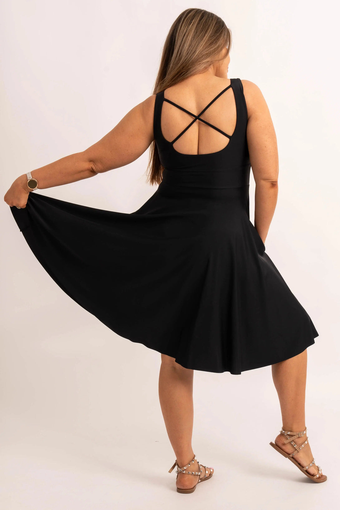 Black Silky - Scoop Neck Comfort Crop Midi Dress W/ Pockets-Activewear-Exoticathletica