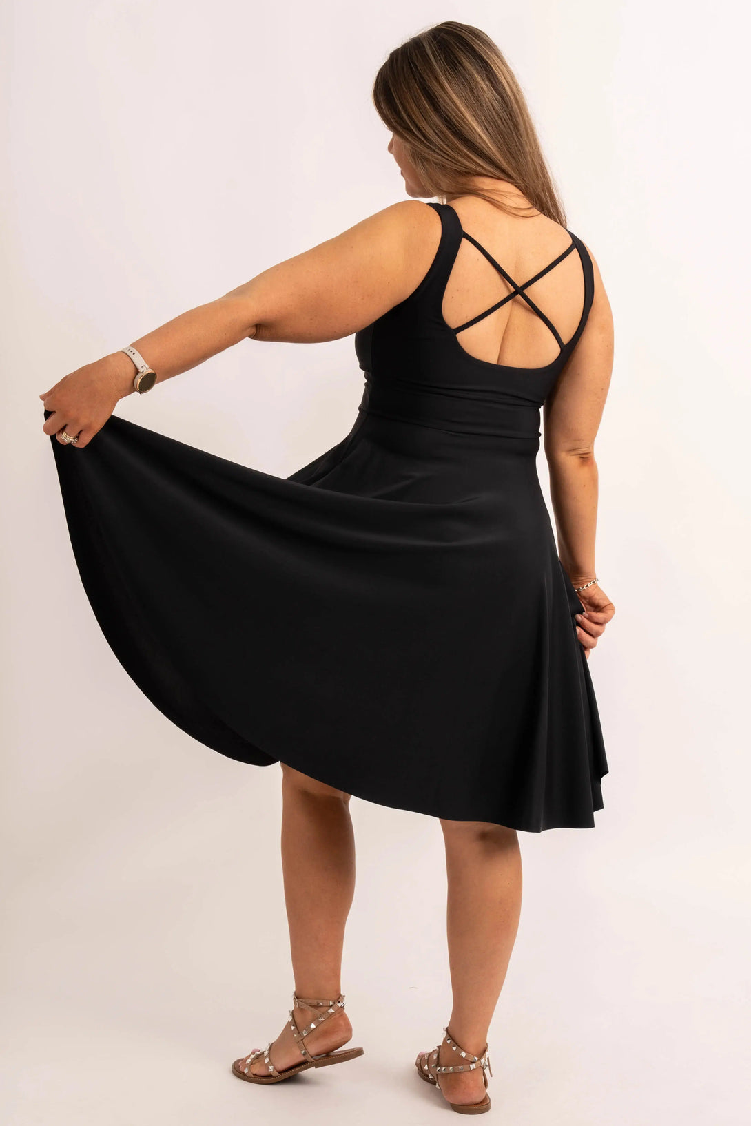 Black Silky - Scoop Neck Comfort Crop Midi Dress W/ Pockets-Activewear-Exoticathletica