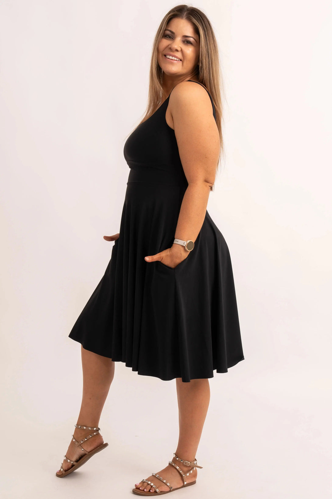 Black Silky - Scoop Neck Comfort Crop Midi Dress W/ Pockets-Activewear-Exoticathletica