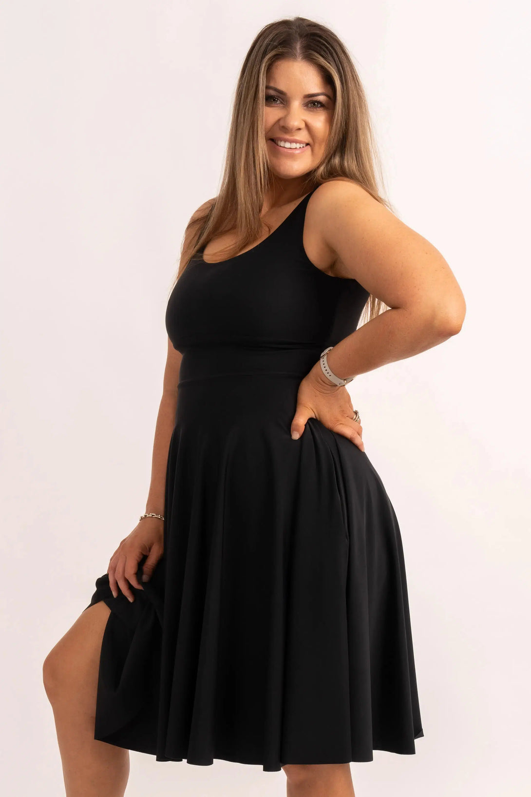 Black Silky - Scoop Neck Comfort Crop Midi Dress W/ Pockets-Activewear-Exoticathletica