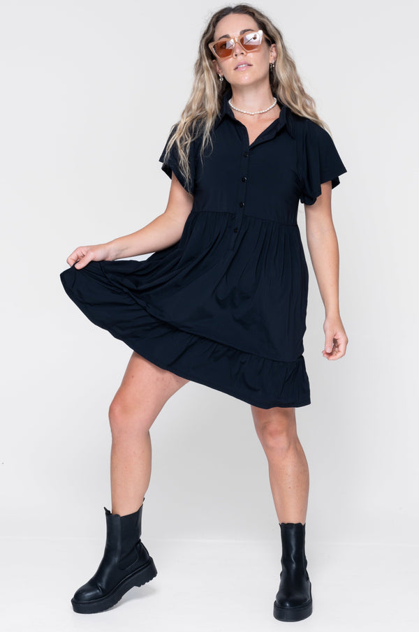 Black Slinky Silky - Button Up Baby Doll Tiered Mini Dress-Activewear-Exoticathletica