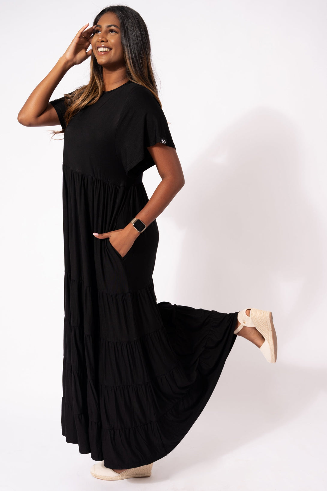Black Slinky To Touch - Baby Doll Tiered Maxi Dress-Activewear-Exoticathletica