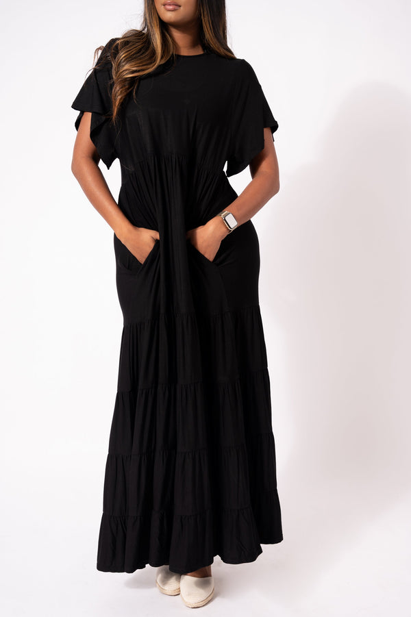 Black Slinky To Touch - Baby Doll Tiered Maxi Dress-Activewear-Exoticathletica