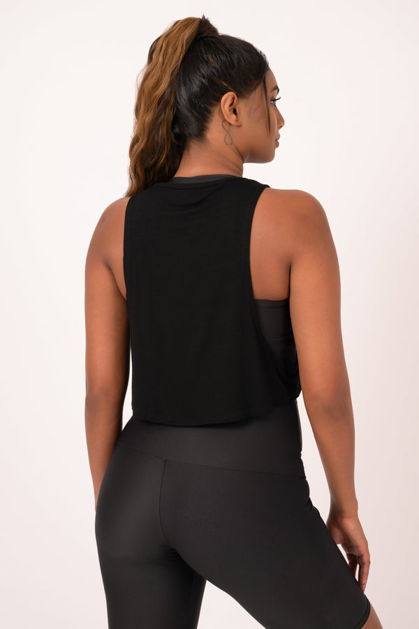 Black Slinky To Touch - Cropped Drop Arm Muscle Tank-Activewear-Exoticathletica