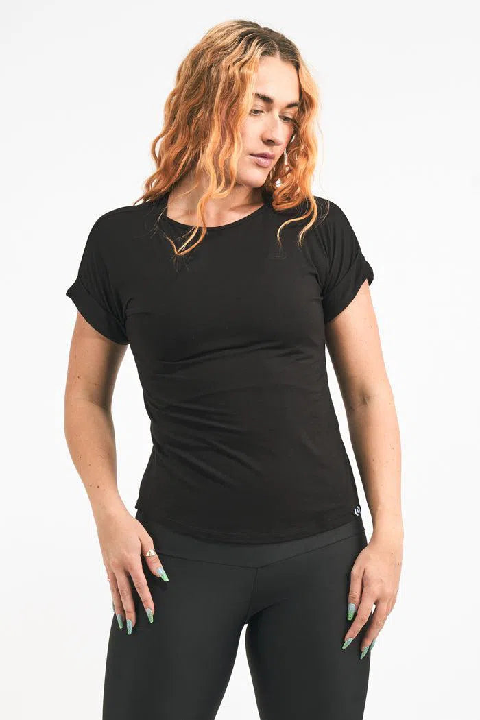 Black Slinky To Touch - Cuffed Sleeve Tee-Activewear-Exoticathletica