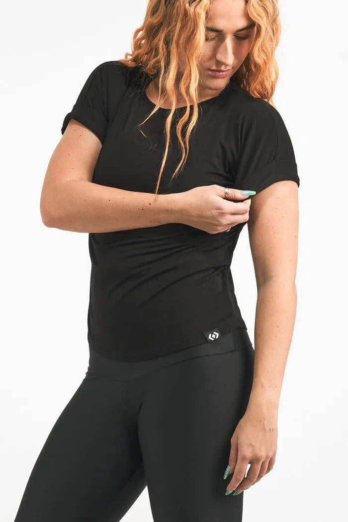 Black Slinky To Touch - Cuffed Sleeve Tee-Activewear-Exoticathletica