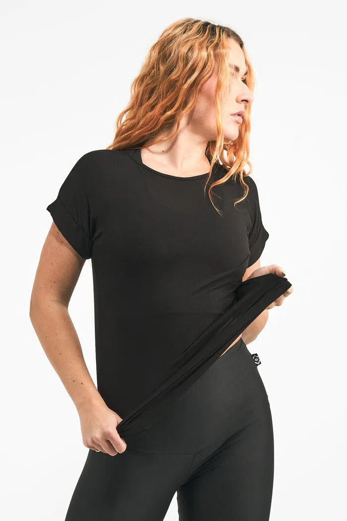 Black Slinky To Touch - Cuffed Sleeve Tee-Activewear-Exoticathletica