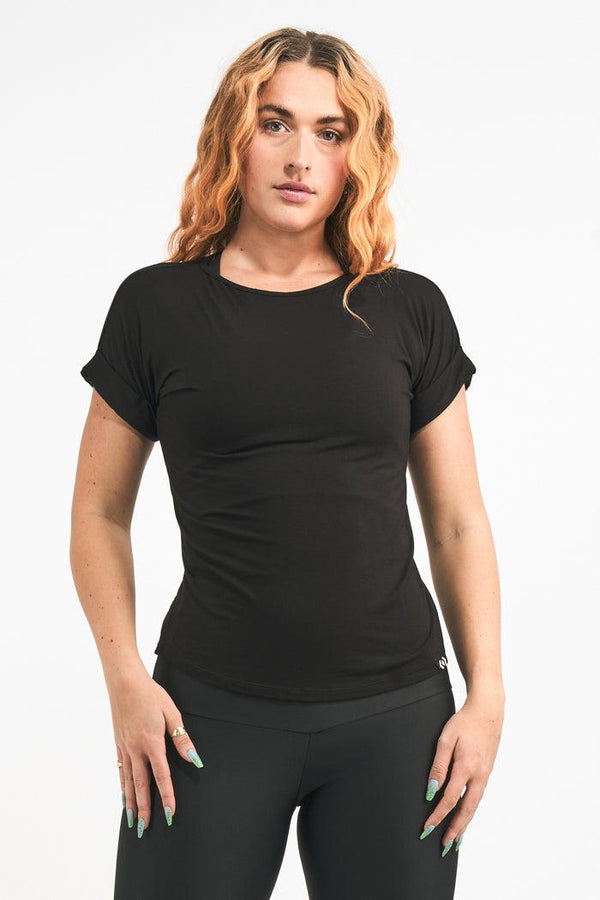 Black Slinky To Touch - Cuffed Sleeve Tee-Activewear-Exoticathletica
