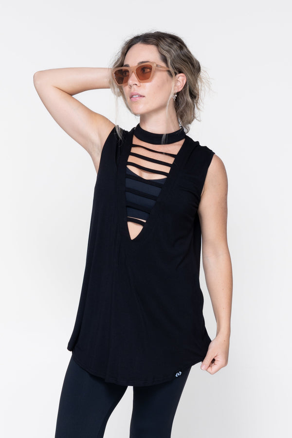 Black Slinky To Touch - Ladder V Front Sleeveless Boyfriend Tee-Activewear-Exoticathletica