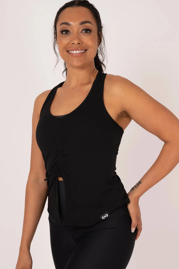 Black Slinky To Touch - Racer Back Tank Top W/ Cinched Front-Activewear-Exoticathletica