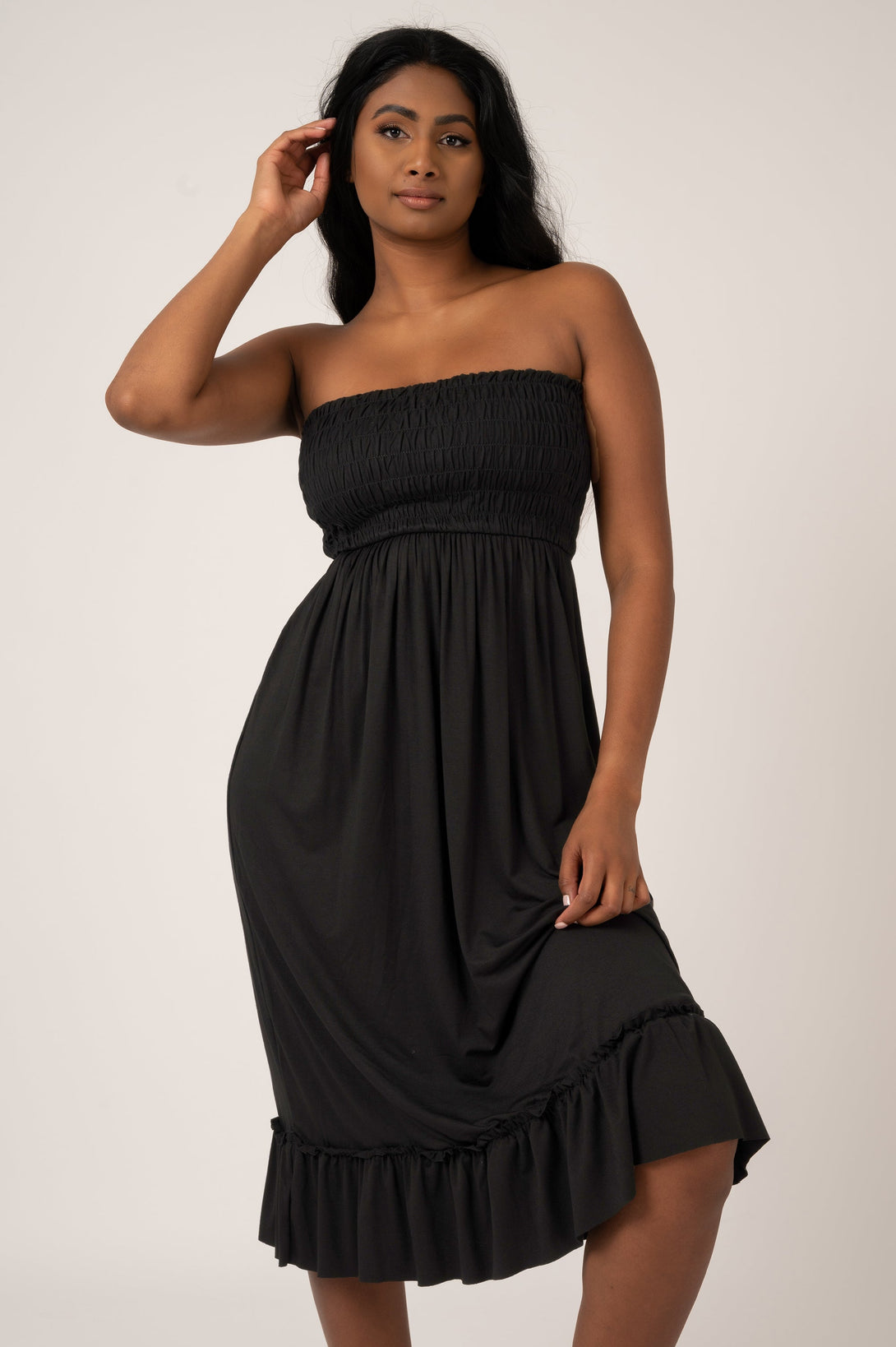 Black Slinky To Touch - Shirred Bandeau Midi Dress-Activewear-Exoticathletica