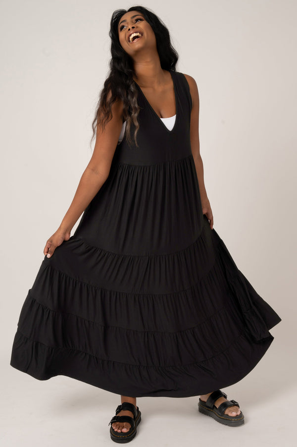 Black Slinky To Touch - Sleeveless Baby Doll Tiered V Neck Maxi Dress-Activewear-Exoticathletica