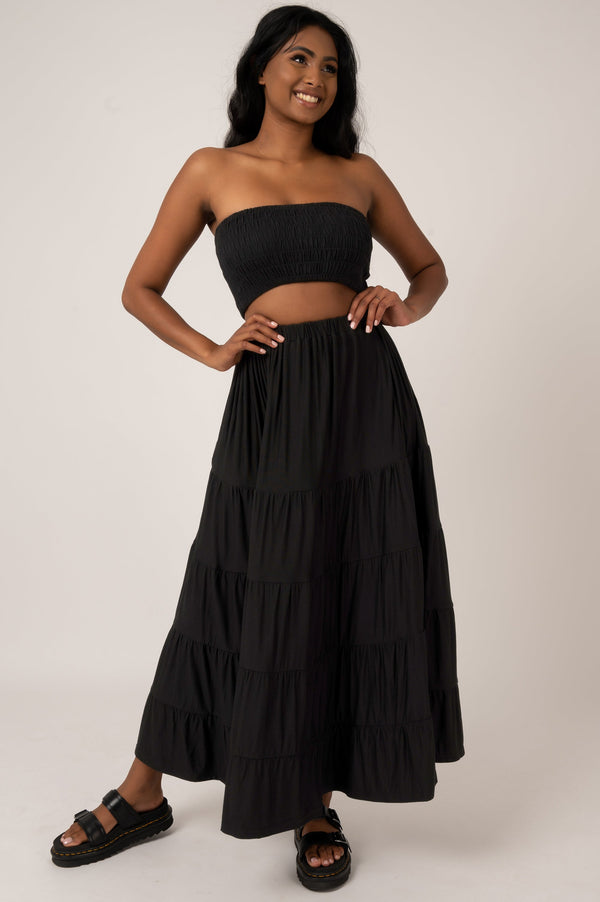 Black Slinky To Touch - Tiered Maxi Skirt-Activewear-Exoticathletica