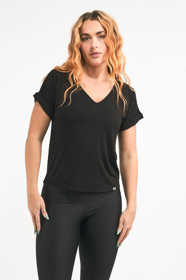 Black Slinky To Touch - V Neck Cuffed Sleeve Tee-Activewear-Exoticathletica